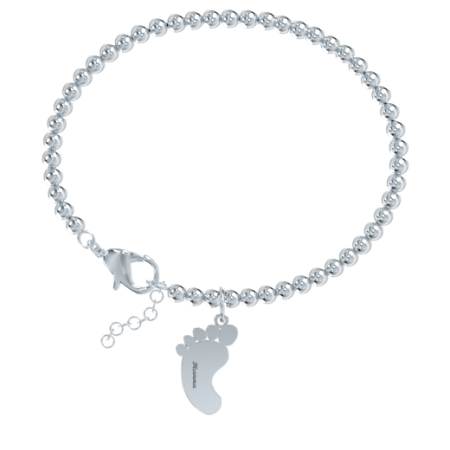 Name Bracelet with Baby Foot & Beaded Chain-2 in 925 Sterling Silver