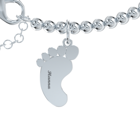 Name Bracelet with Baby Foot & Beaded Chain-1 in 925 Sterling Silver