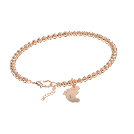 Name Bracelet with Baby Foot & Beaded Chain in 18K Rose Gold Plating
