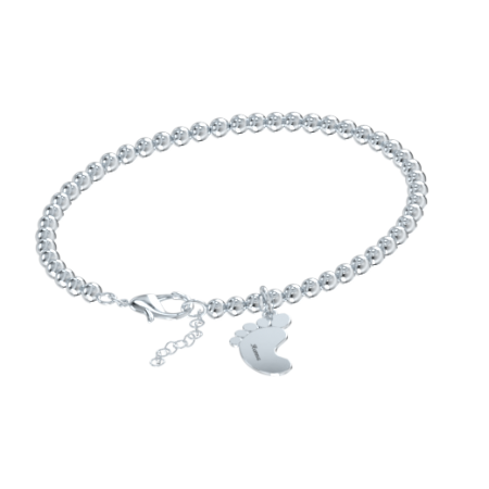 Name Bracelet with Baby Foot & Beaded Chain in 925 Sterling Silver