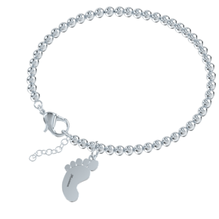 Name Bracelet with Baby Foot & Beaded Chain-3 in 925 Sterling Silver