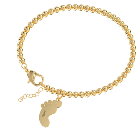 Name Bracelet with Baby Foot & Beaded Chain-3 in 18K Gold Plating