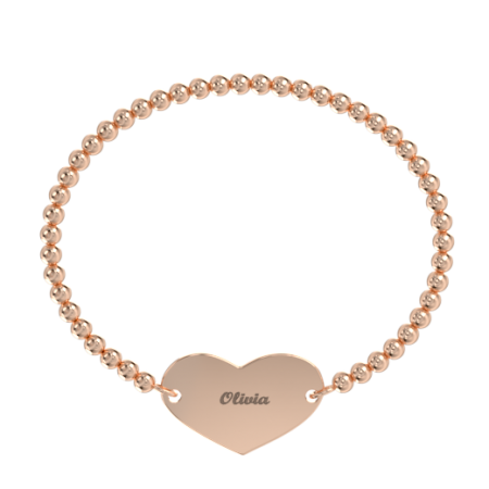 Heart Bracelet with Name & Stretch Beaded Chain-2 in 18K Rose Gold Plating