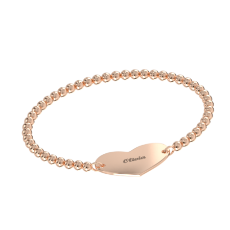 Heart Bracelet with Name & Stretch Beaded Chain in 18K Rose Gold Plating