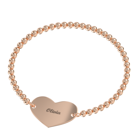 Heart Bracelet with Name & Stretch Beaded Chain-3 in 18K Rose Gold Plating