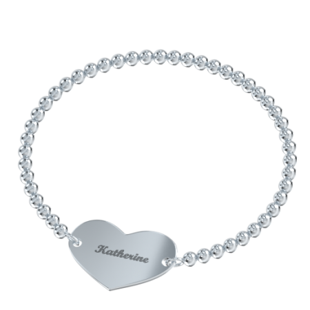 Heart Bracelet with Name & Stretch Beaded Chain-3 in 925 Sterling Silver