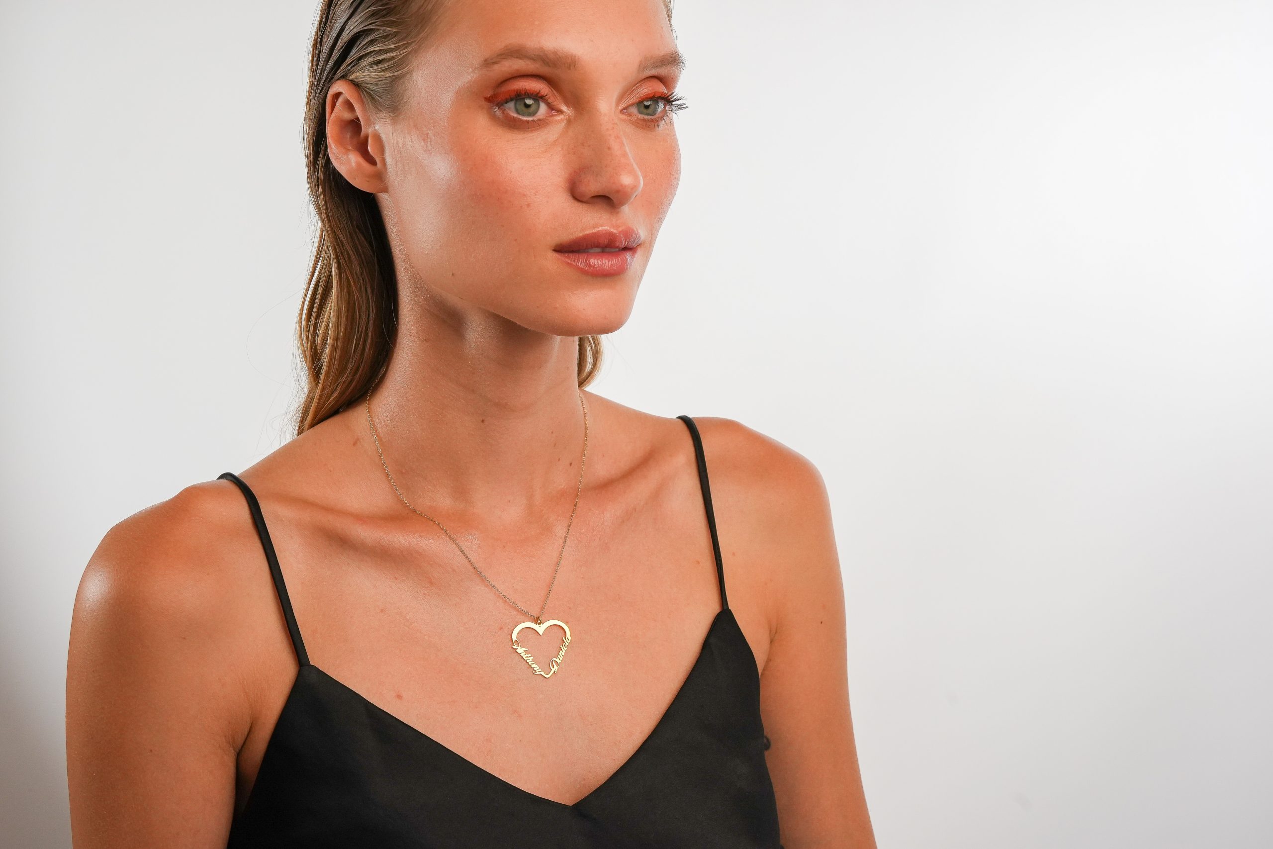 Couple Heart Name Necklace on model rose gold