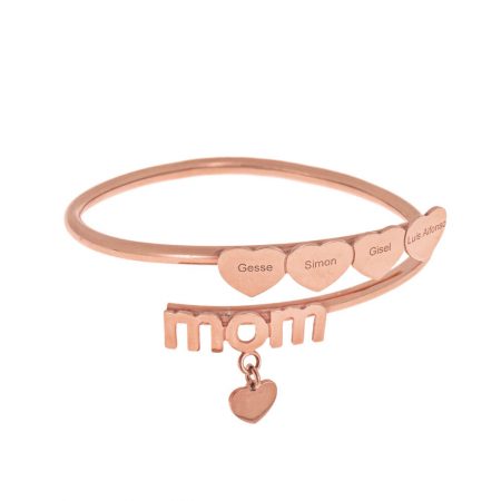Adjustable Mom Bracelet with Heart Charms in 18K Rose Gold Plating