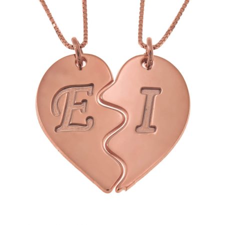 Heart Puzzle Piece Necklace Set with Engraving in 18K Rose Gold Plating