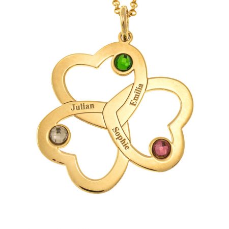 Intertwined 3 Hearts Name Necklace with Birthstones in 18K Gold Plating