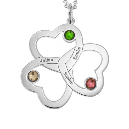 Intertwined 3 Hearts Name Necklace with Birthstones in 925 Sterling Silver