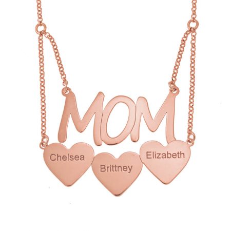 Mom Necklace with Hearts & Names in 18K Rose Gold Plating