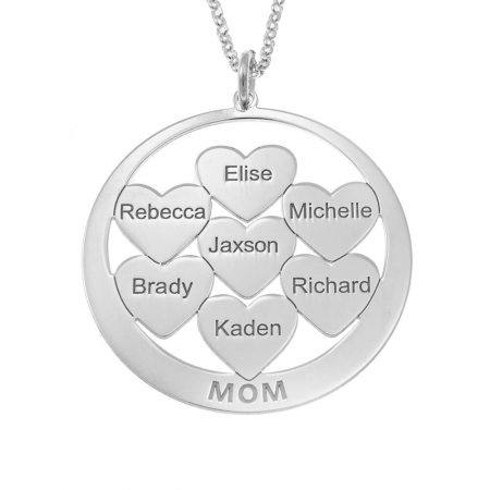 Circle Mom Necklace with Engraved Hearts in 925 Sterling Silver