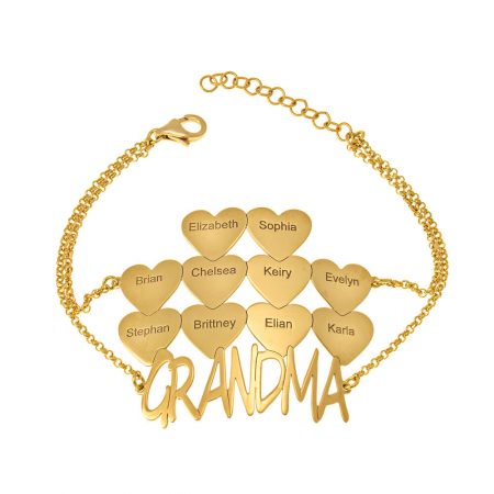 Grandma Bracelet with Hearts & Grandkids Names in 18K Gold Plating