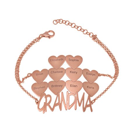 Grandma Bracelet with Hearts & Grandkids Names in 18K Rose Gold Plating