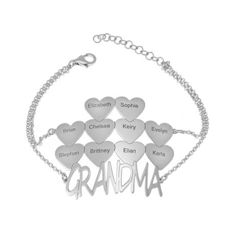 Grandma Bracelet with Hearts & Grandkids Names in 925 Sterling Silver