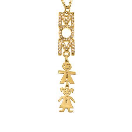 Vertical Mom Necklace with CZ & Kids Charms in 18K Gold Plating