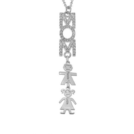 Vertical Mom Necklace with CZ & Kids Charms in 925 Sterling Silver