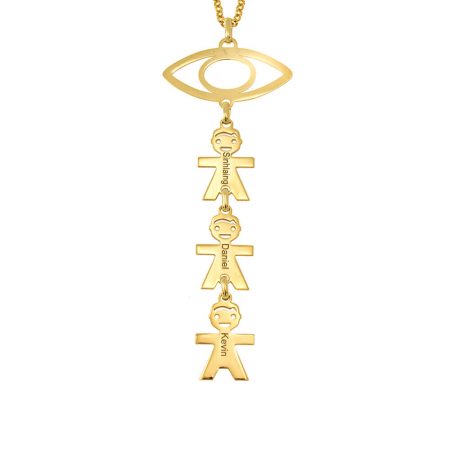 Evil Eye Necklace with Vertical Kids Charms in 18K Gold Plating