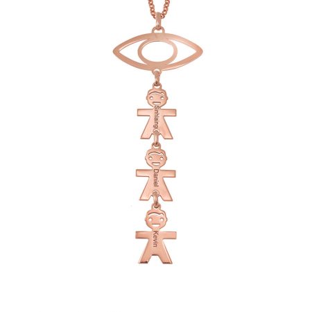 Evil Eye Necklace with Vertical Kids Charms in 18K Rose Gold Plating