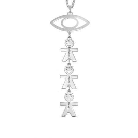 Evil Eye Necklace with Vertical Kids Charms in 925 Sterling Silver