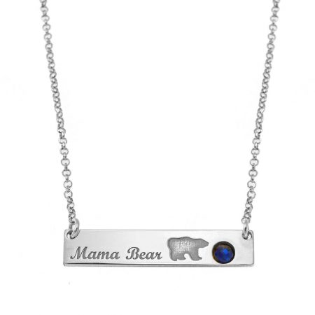 Family Mama Bear Bar Necklace with Birthstone in 925 Sterling Silver