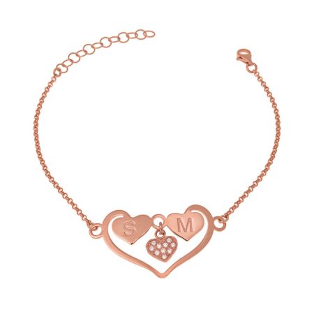 Couples Heart Bracelet with CZ & Initials in 18K Rose Gold Plating
