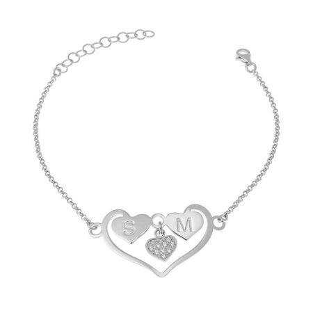 Couples Heart Bracelet with CZ & Initials in 925 Sterling Silver