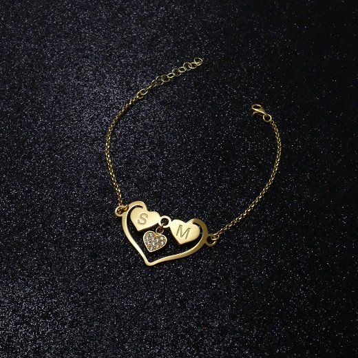 Couples Heart Bracelet with CZ & Initials-4