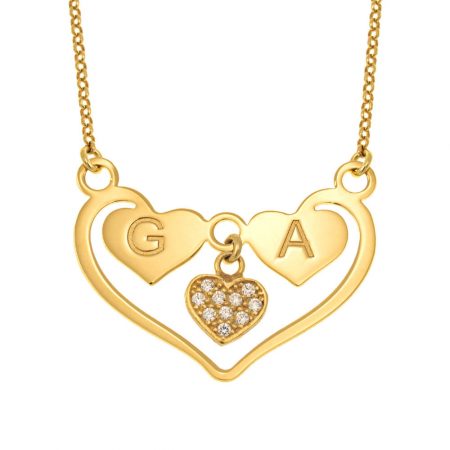 Double Heart Initial Necklace for Couples in 18K Gold Plating
