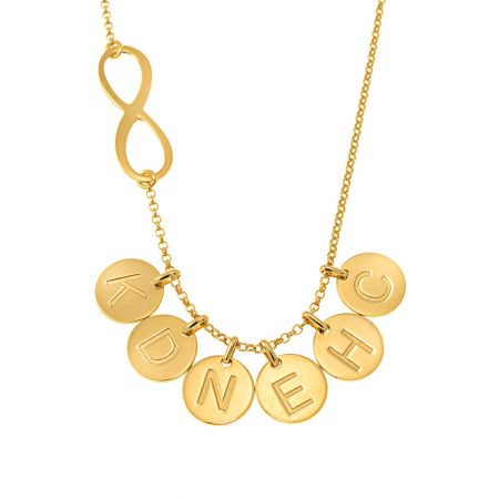 Infinity Necklace with Engraved Initial Coin Charm in 18K Gold Plating