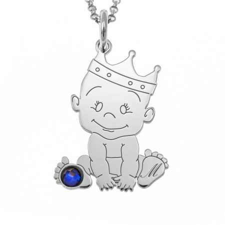 Baby King Initial Necklace with Birthstone in 925 Sterling Silver