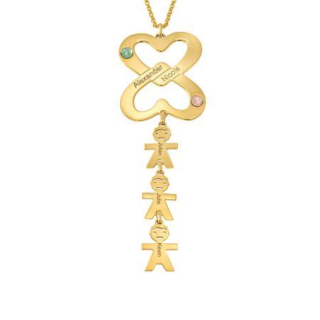 Double Hearts Necklace with Birthstones & Kids in 18K Gold Plating
