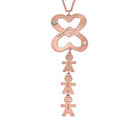 Double Hearts Necklace with Birthstones & Kids in 18K Rose Gold Plating