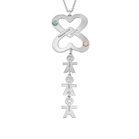 Double Hearts Necklace with Birthstones & Kids in 925 Sterling Silver