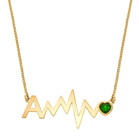 Initial Heartbeat Necklace with Birthstone in 18K Gold Plating