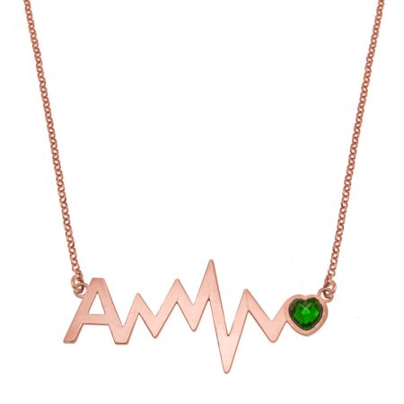 Initial Heartbeat Necklace with Birthstone in 18K Rose Gold Plating