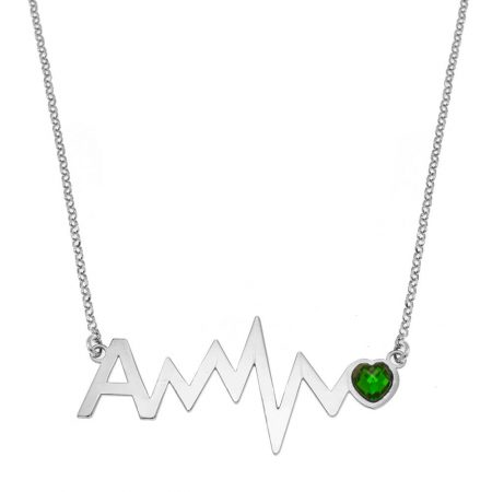 Initial Heartbeat Necklace with Birthstone in 925 Sterling Silver