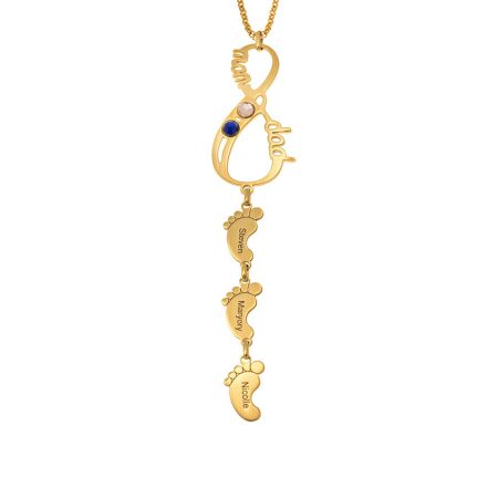 Vertical Infinity Necklace with Birthstones & Baby Feet in 18K Gold Plating