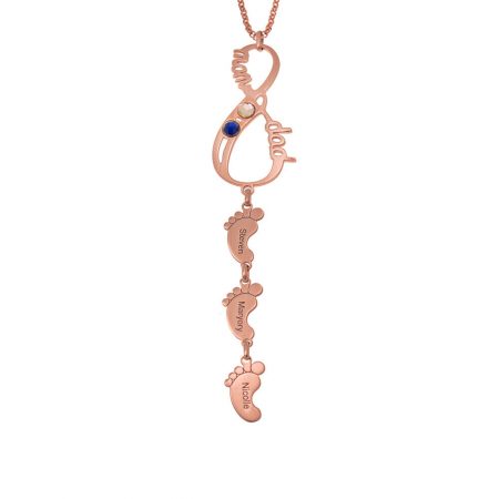 Vertical Infinity Necklace with Birthstones & Baby Feet in 18K Rose Gold Plating