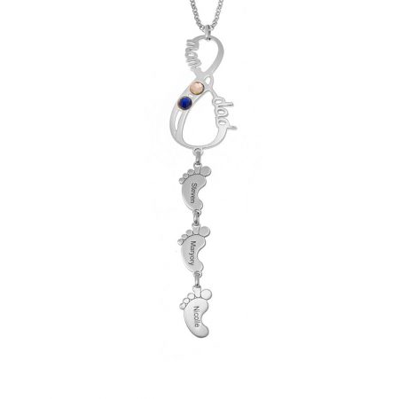 Vertical Infinity Necklace with Birthstones & Baby Feet in 925 Sterling Silver