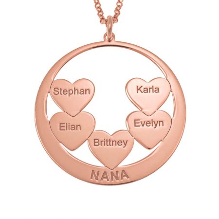 Circle Hearts Nana Necklace with Engraved Names in 18K Rose Gold Plating