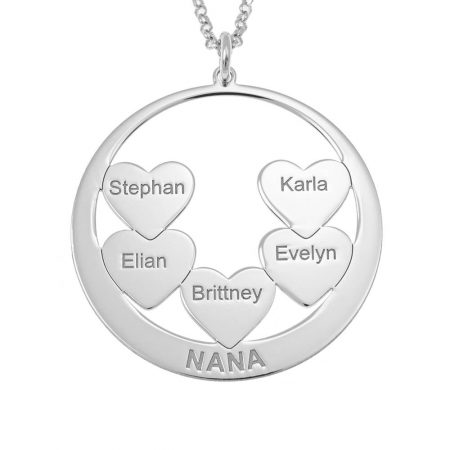 Circle Hearts Nana Necklace with Engraved Names in 925 Sterling Silver