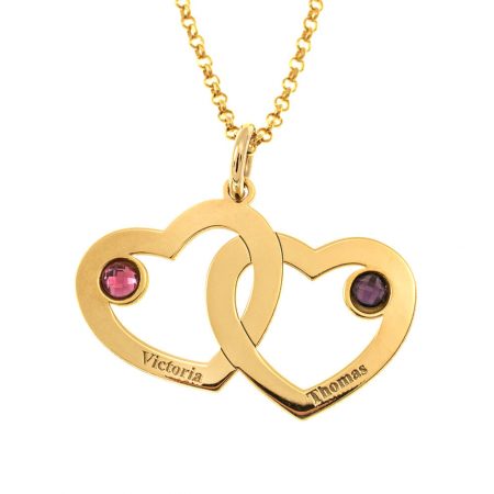 Intertwined 2 Hearts Name Necklace with Birthstones in 18K Gold Plating