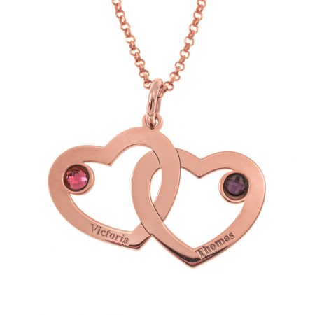 Intertwined 2 Hearts Name Necklace with Birthstones in 18K Rose Gold Plating