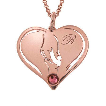 Heart Mother and Baby necklace with Birthstone in 18K Rose Gold Plating