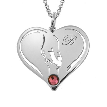 Heart Mother and Baby necklace with Birthstone in 925 Sterling Silver