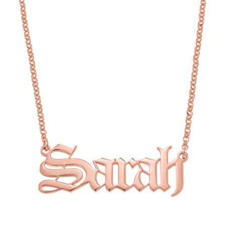 Old English Name Necklace Gothic Style in 18K Rose Gold Plating