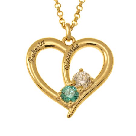 Couples Heart Necklace with 2 Names & Birthstones in 18K Gold Plating