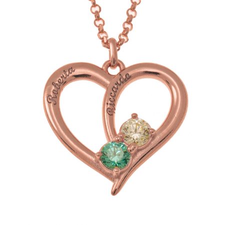 Couples Heart Necklace with 2 Names & Birthstones in 18K Rose Gold Plating